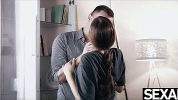 her lover pounds her from behind as those sexy big tits swing wildly back and forth