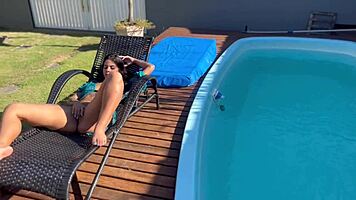 Pool party beauty offers perfect pussy publicly then swallows load