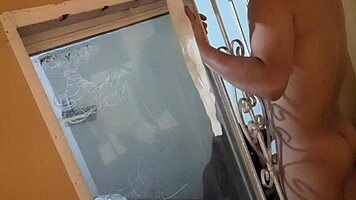 dad steps out but she sneaks lover in for wild window fuck