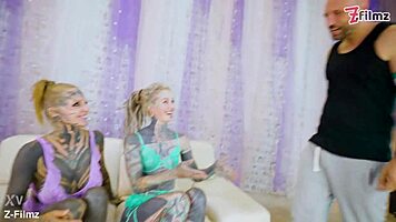 tattooed teen threesome ends in massive facial and gaping