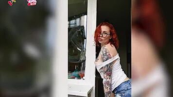 hey watch this sexy redhead babe in wet t-shirt cleaning