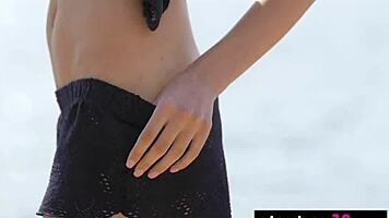 Petite sade mare strips tight shaved pussy beach