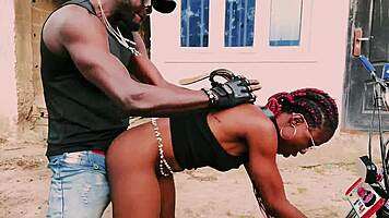 Petite biker babe stands on bike taking hard public garage fuck from man!