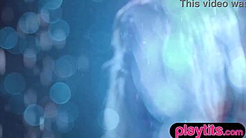 Tempting blonde milf strips wet petite body naked