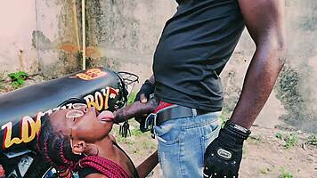 Petite biker babe stands on bike taking hard public garage fuck from man!