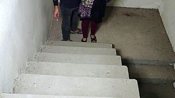 guy pounds big tits babe tight pussy on stairs close-up
