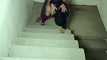 guy pounds big tits babe tight pussy on stairs close-up