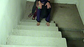 guy pounds big tits babe tight pussy on stairs close-up