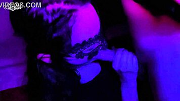 Masked goth petite teases with sloppy red lip blowjob