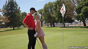 Sexy Blonde Golfer Teen Drops to Knees for Monster Cock Blowjob