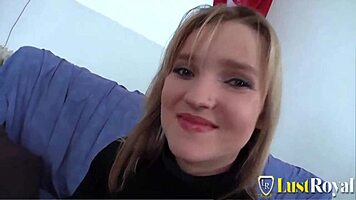 a shaved blonde teases her smooth pussy with slow fingers