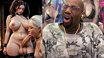 big-breasted ebony trans damsel chained up gets cock sucked with anal beads