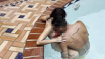 Skinny 18 year old horny amateur fucks deep in outdoor pool water