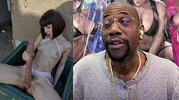 trans babe cums hands free from long cock anal in dumpster