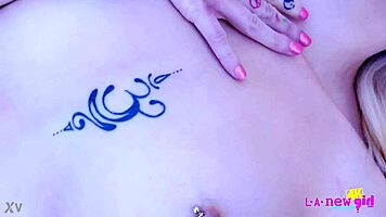 Petite blonde milf strips naked for close-up sofa massage tease