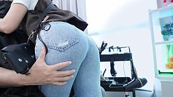 big ass barber teases customer with horny licks over jeans