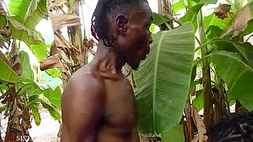 Ebony bush babe sucks hard before bent-over doggy pounding outdoors