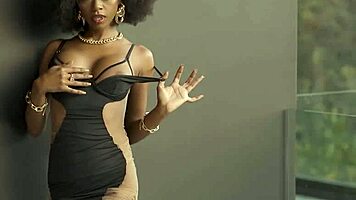 Skinny big-boobed ebony Naadia slowly sheds her teasing dress