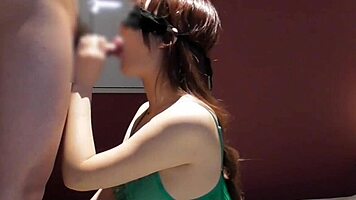 Sexy lingerie Asian beauty gives close-up handjob blowjob till cum in mouth