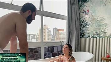 Hubby at work so I fuck his best friend deep in the bathtub while mama watches me cum hard