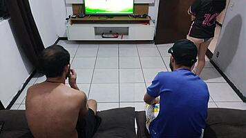 Hubby loses bet so wife takes friend's big cock bareback cuckold facial in front of him