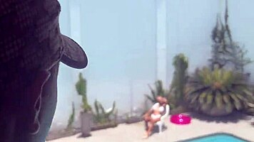 Lucky stranger fingers latina slut's wet pussy and natural tits at hotel pool