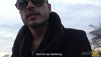 Angry boyfriend watches slutty redhead gf fingered and blown by stranger