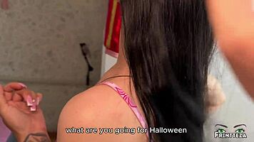 Stepdad spies on teen before halloween leading to creampie surprise