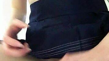 russian brunette rides dildo reverse cowgirl sucking fingers close-up skirt