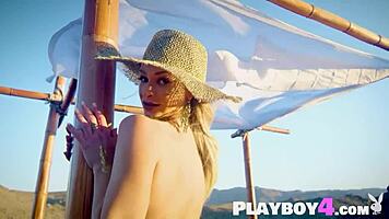 Petite blonde emma hix strips outdoor posing her natural petite tits