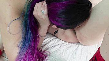 purple hair babe's big ass rimmed before char aznable fills balloon tits with cum