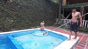 Curvy Latina Virgin's Pool Lesson Turns into Outdoor Facial Cowgirl Fuck