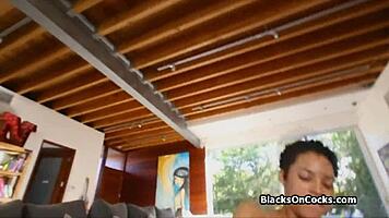 Oily curly ebony teen interviews then blows monster cock pov