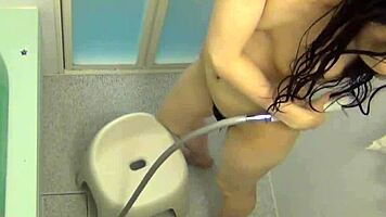 showered asian teen rubs her hairy nipples in public voyeur hd