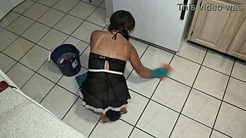 petite milf maid slave with anal tail plug gets rough dp creampie in kitchen