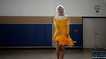 petite blonde milf cheerleader lennox elizabeth strips seductively on basketball court