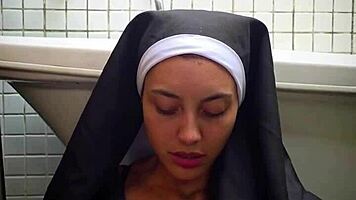 Huge cocked nun with tight big pussy squirts wildly on monster vibrator!