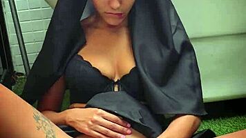 Huge cocked nun with tight big pussy squirts wildly on monster vibrator!