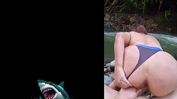 venezuelan milf's raw outdoor creampie fuck by the river with huge cock pounding her mature pussy