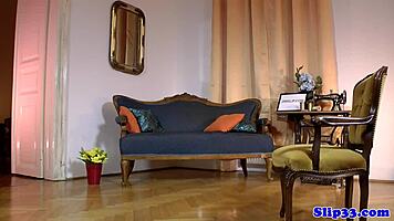 young british babe kneels for old man's intimate cock worship in stockings