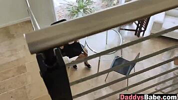 a small brunette teen eagerly sucks and fucks her older lover deep