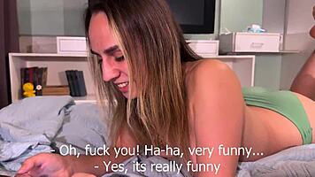 Petite cutie cums hard on huge cock chatting dirty on bed