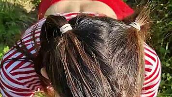 Fucking wet brunette's slobbery mouth on hot summer day