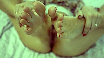 Horny milf fingers pussy ass toes spits on bare feet solo tease