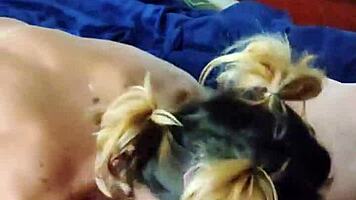 pigtailed nymph milf tempts with wild rides while partner watches her crave young cock