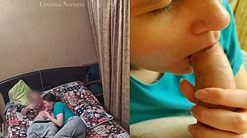 real russian couple's raw bedroom blowjob caught on dual cameras