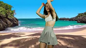 No Panties Teen's Wet Pussy Exposed By Wild Beach Wind Gust!