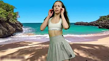 No Panties Teen's Wet Pussy Exposed By Wild Beach Wind Gust!
