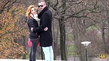 hunt4k. sexy redhead cheats on dumb hubby for cash pov blowjob