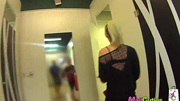 Blonde cutie cheats publicly fingering in mall with boyfriend nearby